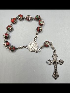 Vintage Cloisonné Bead Rosary Single Decade Silver Tone
